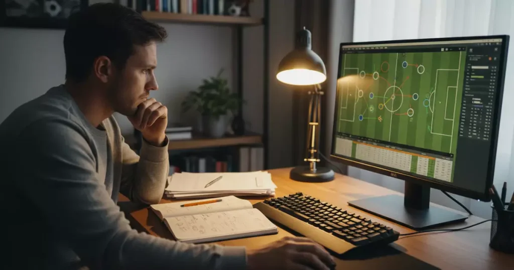 Fodboldanalytiker studerer formationer og taktiske bevægelser på computerskærm ved skrivebord.