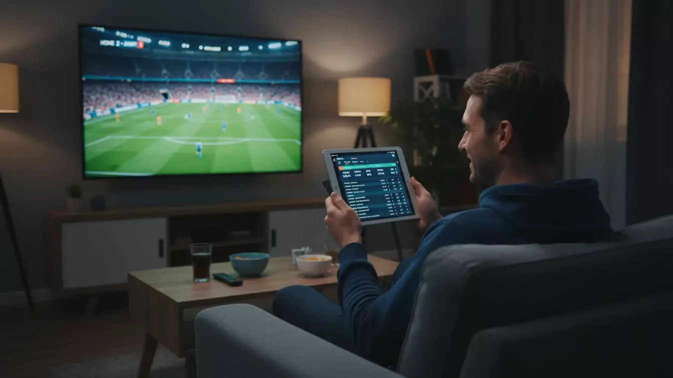 Person ser fodboldkamp live med tablet til statistik