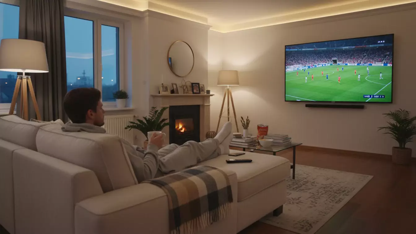 Afslappet person ser fodboldkamp på TV i stuen