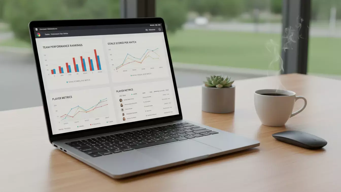 Laptop med fodboldstatistik og datavisualisering på skærmen