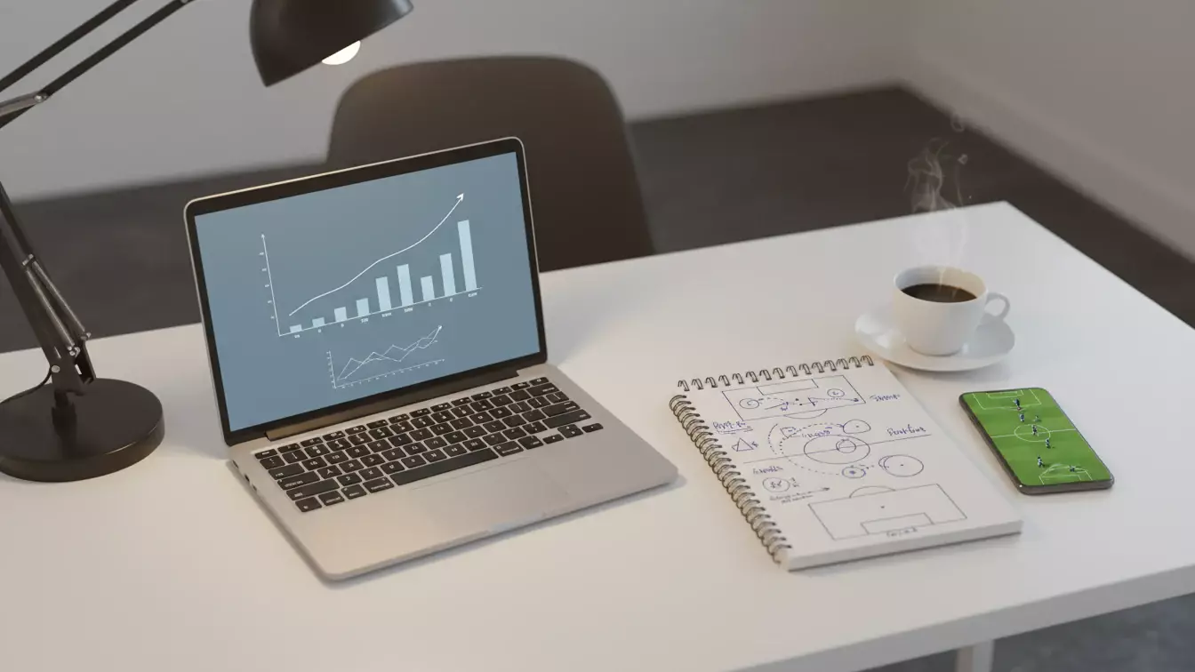 Arbejdsplads med fodboldanalyse på laptop og notesblok med taktiske diagrammer