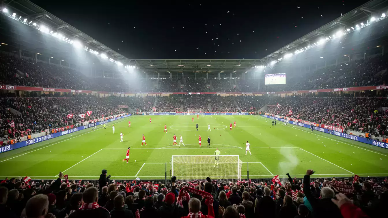 Dansk fodboldstadion med spillere på banen under aftenkamp